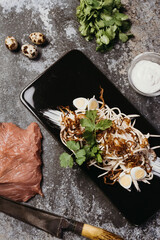 Asian salad with cabbage and meat. Spicy oriental food.