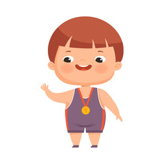 Happy Boy Winner with Gold Medal on His Neck Waving Hand Vector Illustration