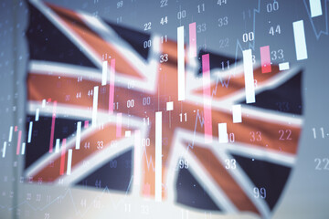 Multi exposure of virtual abstract financial graph interface on British flag and sunset sky...
