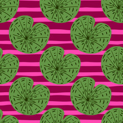 Abstract botanic seamless pattern with green colored water lily ornament. Pink striped background. Scrapbook artwork.