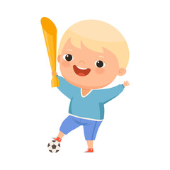Cute Little Blond Boy Winner with Gold Prize for Football Match Vector Illustration
