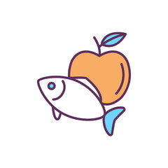 Healthy nutrition RGB color icon. Eating fruits, lean meats, fish. Achieving healthy weight. Foods with vitamins, minerals sources. Avoiding heart disease and stroke risk. Isolated vector illustration