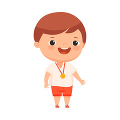 Smiling Boy with Hanging Gold Medal on His Neck Vector Illustration