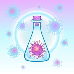 Animation drawing: medical flask with a virus  inside. Aura of protection. Vector illustration.