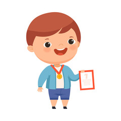 Smiling Boy with Hanging Gold Medal on His Neck and Certificate of Achievement Vector Illustration