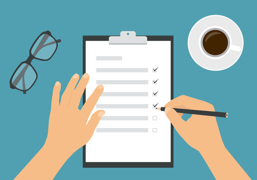 Flat design illustration of a woman's or man's hand filling out a task form with a pencil. Cup of coffee and glasses on a green background, vector