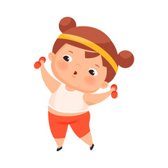 Little Girl with Overweight and Body Fat Doing Physical Exercise with Dumbbells Vector Illustration