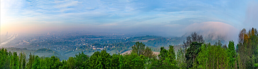 scenic view to Vienna and river Danube in dawn