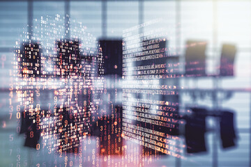 Abstract virtual creative code skull hologram on a modern boardroom background, theft of personal data and malware concept. Multiexposure