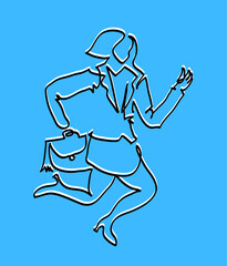 One line drawing of business woman running.
One continuous line drawing of business woman running with briefcase