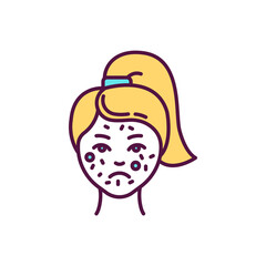Allergic reaction on face RGB color icon. Rash, hives. Allergic contact dermatitis. Red spots on skin. Facial reactions. Itchiness, inflammation process. Dry, crusty skin. Isolated vector illustration
