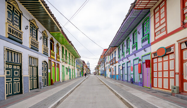A beautiful red street with colonial architecture in the town of Filandia, Quind&iacute;o, Colombia