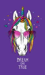 Fototapeta premium Portrait of a magical unicorn with a bright horn, in a pink glasses on a violet background. Vector illustration.