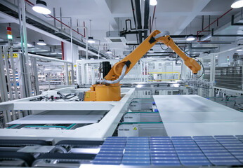 Industrial robots automate arms, and modern factories produce photovoltaic panels on assembly...