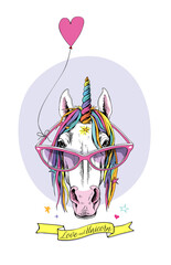 Portrait of a magical unicorn with a starry mane, horn in a pink glasses and with a balloon heart. Vector illustration.