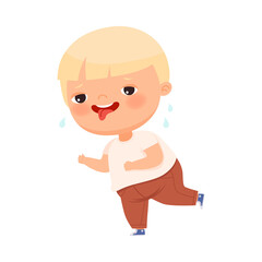 Little Blond Boy with Overweight and Body Fat Running with Sweat Dropping Down Vector Illustration