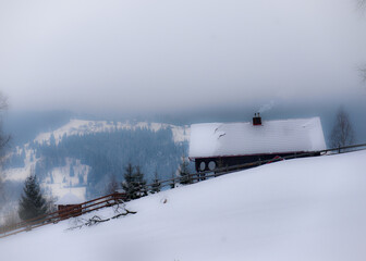 Typical landscape of the Ukrainian Carpathians with private estates in winter