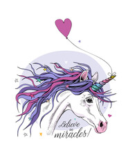 Portrait in a profile of a magical unicorn with a starry mane, horn and with a balloon heart. Vector illustration.
