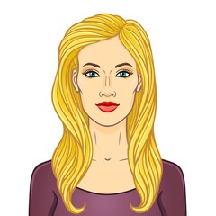 Animation portrait of the young beautiful white woman with long blonde hair. Color drawing. Template for use. Vector illustration isolated on white background.