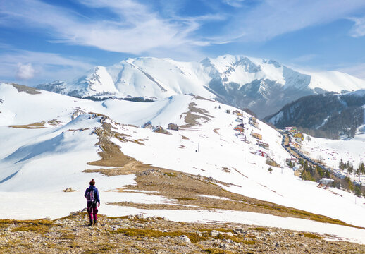 Campo Staffi and Mount Cotento (Italy) - The snow capped mountains with forest in the province of Frosinone, Lazio region, in Simbruini mounts. Here a white landscape.
