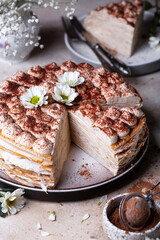 Tiramisu crepe cake with mascarpone and amaretto