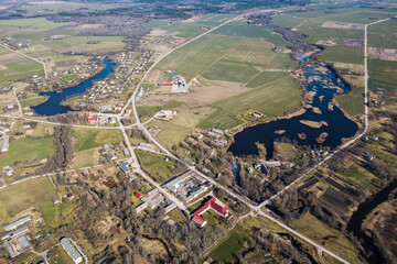 Aerial view of village Ezere and manor, Latvia