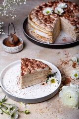 Tiramisu crepe cake with mascarpone and amaretto