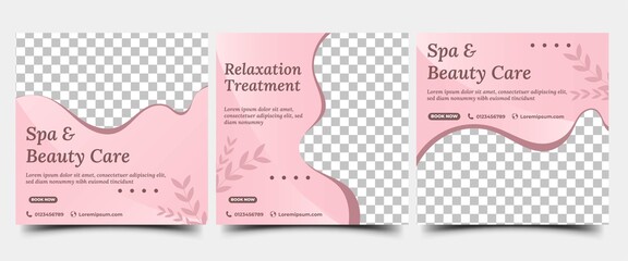 Spa, beauty, and massage social media post template set design. Flat design vector with a photo collage. Suitable for social media, banner, and web internet ads.