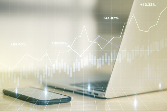 Multi exposure of abstract creative financial graph on modern computer background, forex and investment concept