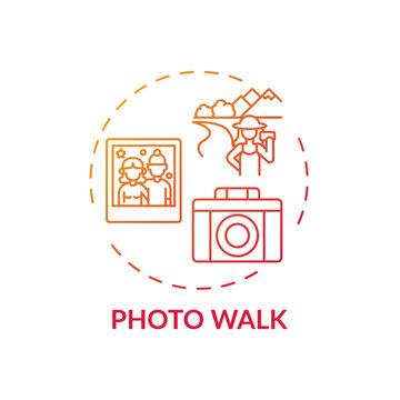 Photo walk concept icon. Outdoor family activities. Walk around town with photocamera. Children taking pictures idea thin line illustration. Vector isolated outline RGB color drawing