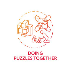 Doing puzzles together concept icon. Indoor family activities. Upgrading kids attention to small details. Children idea thin line illustration. Vector isolated outline RGB color drawing