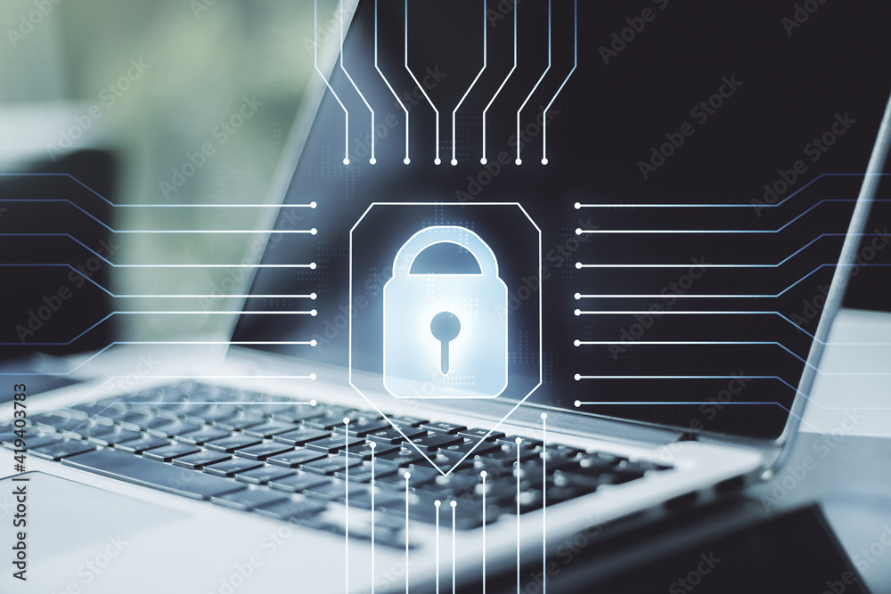 Poster creative idea concept with lock symbol and microcircuit illustration on modern laptop background. pr