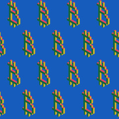 Spring seamless geometric pattern depicting bitcoin, cryptocurrency sign. Vector design for web banner, business presentation, brand package, fabric, print, wallpaper, postcard.