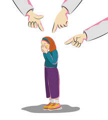 Crying girl surrounded by pointing hands of bullies. Illustration of a sad girl, helpless, bullying
