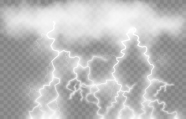 Vector lightning, lightning png, thunderstorm, lighting. Lightning strikes from the cloud. Natural phenomenon, light effect. PNG.