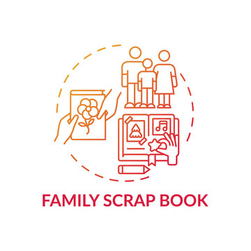 Family scrap book concept icon. Family bonding tips. Creating history of your family photo book. Activity for future generations idea thin line illustration. Vector isolated outline RGB color drawing
