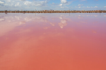 Panoramic view of the pink salt pool on the at San Pedro del Pinatar park with city landscape in the background, Murcia, Spain