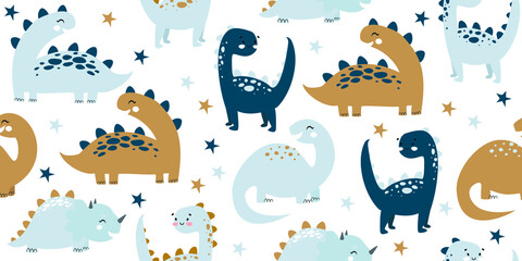 Hand drawn cute dinosaurs seamless pattern. Children's pattern with dinos, stars, polka dots for fashion clothes, shirt, fabric. Scandinavian design. Kids blue dino pattern for boys and girls