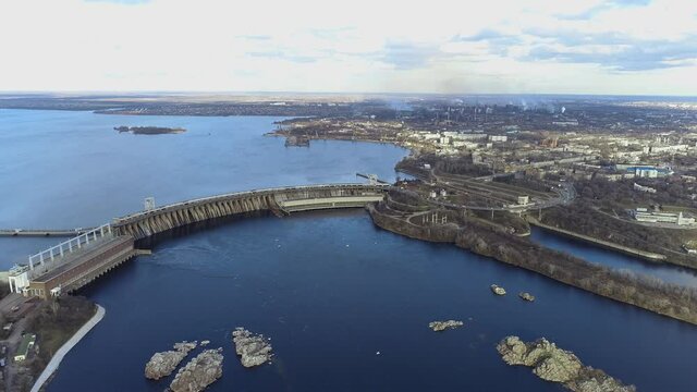 Hydroelectric power station from the air, Zaporizhia, Ukraine. A dam in the city of Zaporozhye. Large dam aerial view