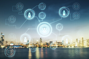 Abstract virtual social network concept on Chicago skyline background. Multiexposure