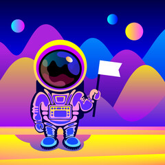 Cosmonaut is standing over fantastic landscape of alien planet