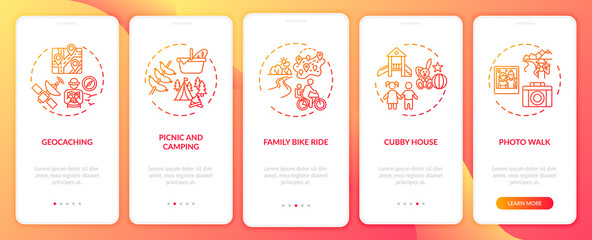 Outdoor family activities onboarding mobile app page screen with concepts. Cubby house for kids walkthrough 5 steps graphic instructions. UI vector template with RGB color illustrations