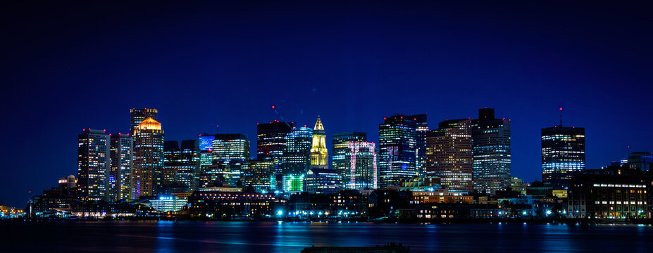 Panoramic Night Cityscape Boston Skyline over Boston Harbor