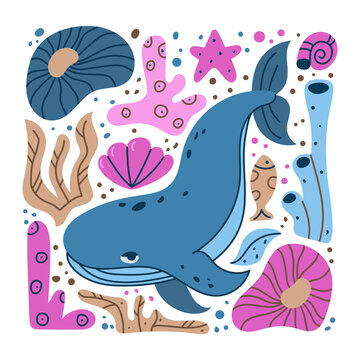 Blue whale hand drawn illustration. Square cartoon clipart of ocean animal with pink sea plants. Childish poster, t shirt print, cover design. Color isolated vector elements, white background