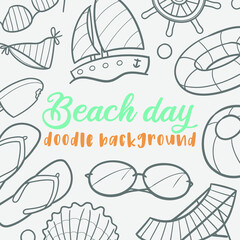 Beach Doodle Banner Icon. Water Vector Illustration Hand Drawn Art. Line Symbols Sketch Background.