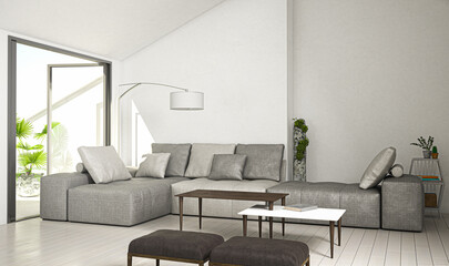 Helle Wohnung mit Dachterrasse und großem Sofa (3d rendering)