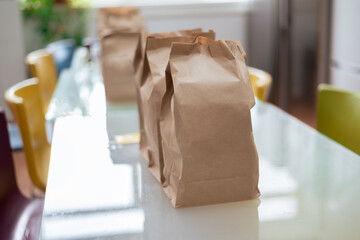 Recycling concept. Delivery food background. Fast food eco packaging on white wall background