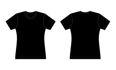 Women's Flat Black T-Shirt Template Vector On White Background.Front And Back View.