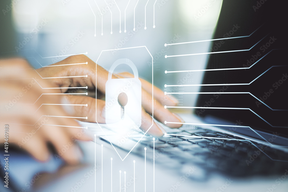 Poster double exposure of creative lock hologram with chip and hands typing on laptop on background. inform