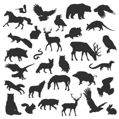 Forest Animal Silhouette vector Clipart. Wild Life Mountain Fauna Illustration. Collection Set Stamp Animals.